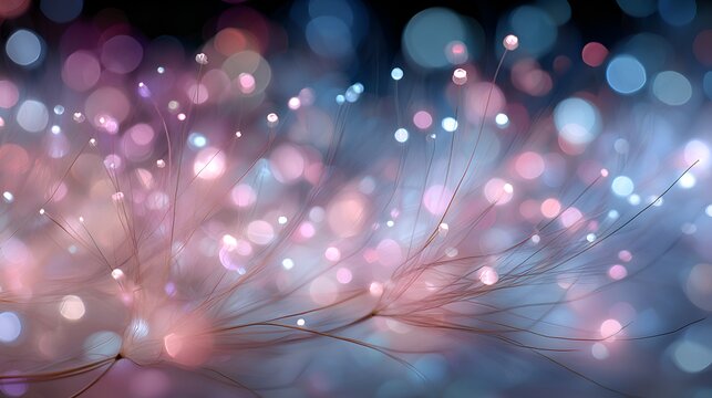 Abstract bokeh background with soft focus on dandelion seed heads glowing with pastel pink and blue light creating a magical and dreamy effect.