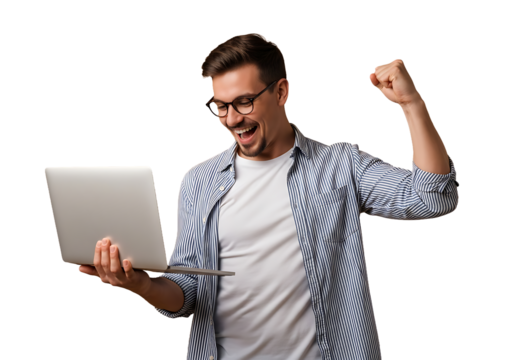 Triumphant young man celebrates digital success with a laptop, fist-pumping in joy. Casual striped shirt and glasses frame his ecstatic expression. Perfect for tech wins, online achievements, or happy