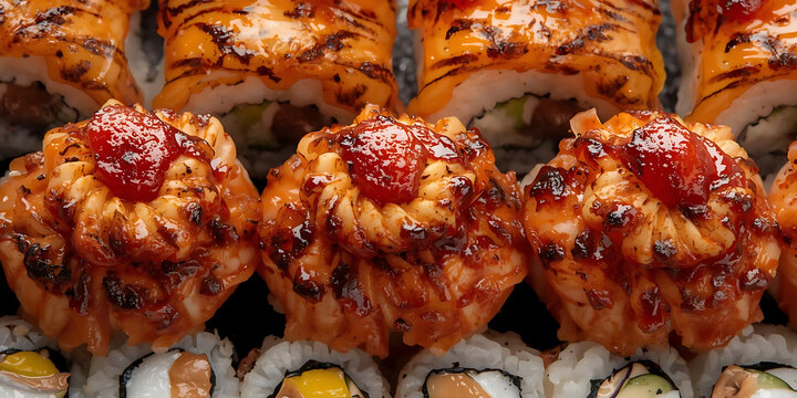 Close-up sushi rolls with orange topping and tiger-striped pattern