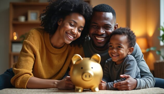 Black family smiles around golden piggy bank, teaching child about saving money and future investment. Parents and boy learn about wealth at home. Financial planning education.