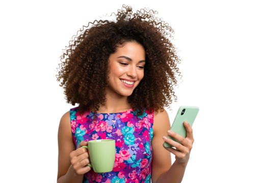 A stylish, cheerful woman with curly brown hair beams while holding a light green smartphone and matching mug. Dressed in a vibrant floral dress, she embodies a relaxed, modern morning routine, enjoyi
