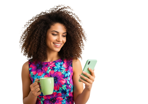 A stylish, cheerful woman with curly brown hair beams while holding a light green smartphone and matching mug. Dressed in a vibrant floral dress, she embodies a relaxed, modern morning routine, enjoyi