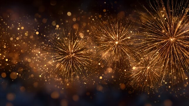 Golden firework explosions burst with sparkling light and bokeh against a dark background, creating a festive and celebratory mood throughout.