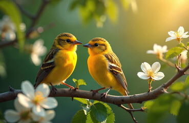 Obraz premium Two bright yellow birds sit on branch. Blossoming cherry flowers and green leaves grow nearby. Sunny garden scene of little birds on plant. Beauty in nature spring landscape.