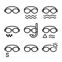 Minimalist swimming goggles icon set for water activities and sports
