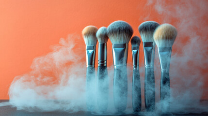 Set of professional makeup brushes soft fog. Beauty tools concept for makeup routine theme. Professional makeup brushes