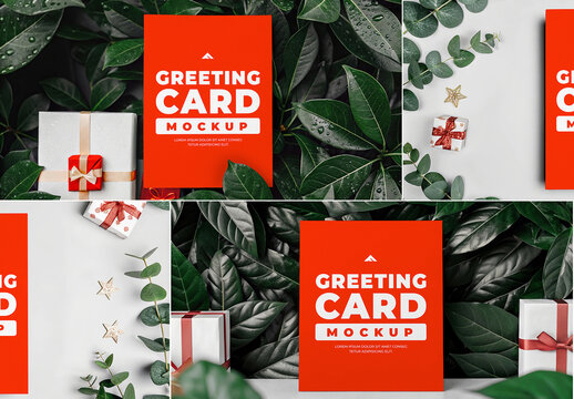 Vertical Greeting Card Mockup on a Background of Green Tropical Foliage