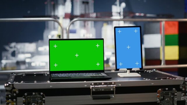 Green screen and blue screen on laptop and tablet on offshore oil rig, visualizing predictive maintenance data and optimizing asset management for fuel and petroleum production efficiency.