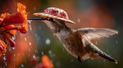 Fototapeta premium Hummingbird with a tiny hat sips nectar from a vibrant orange flower in a garden.