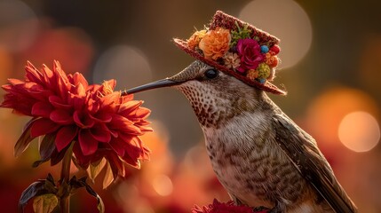 Fototapeta premium Hummingbird with a tiny festive hat sips nectar from a vibrant red dahlia flower in a garden.