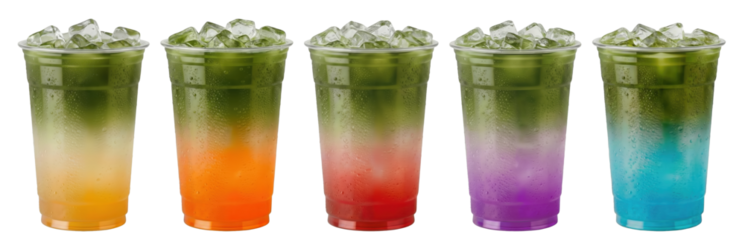 colorful iced fruit matcha tonics in plastic cups