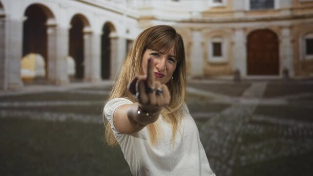 Woman young caucasian flipping middle finger toward camera in oldtown street courtyard with arches and cobblestone ground; defiance rebellion.