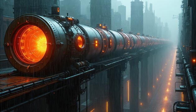 Massive glowing pipeline in rain urban setting. Futuristic industrial complex with orange energy flow through tubes. Tall buildings rise into misty sky.