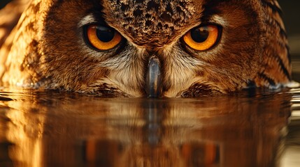 Intense Gaze of a Eurasian Eagle-Owl Reflected in Water at Sunset.