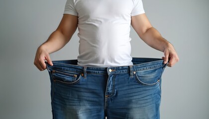 Man demonstrates weight loss. He holds big jeans pants. Slim fit body shape after successful diet and exercise program. Positive results for weight loss and good health.