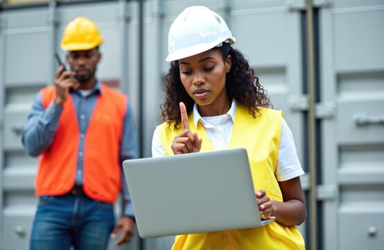 Woman worker inspects laptop data, gesturing to male colleague using radio. Team works on industrial shipping containers. Logistics, supply chain, port.