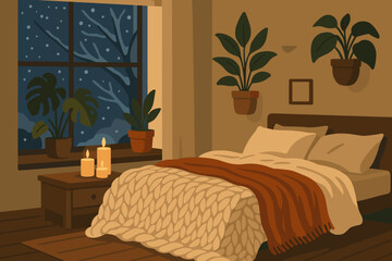 Candles illustration thick window winter cozy potted light bedroom interior retreat vector