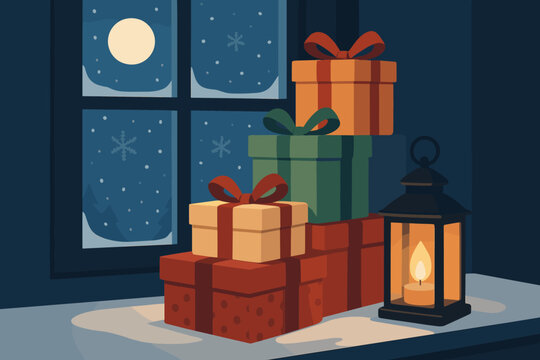 Santa window beside presents moonlight near illustration s lantern outside snowflakes gift