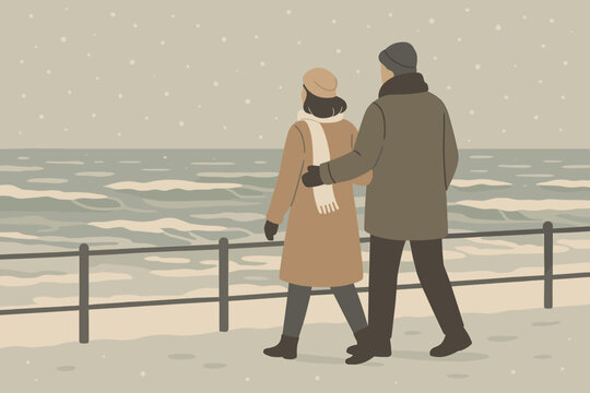 Seaside promenade quietness over waves along poetic winter illustration palette serenity muted