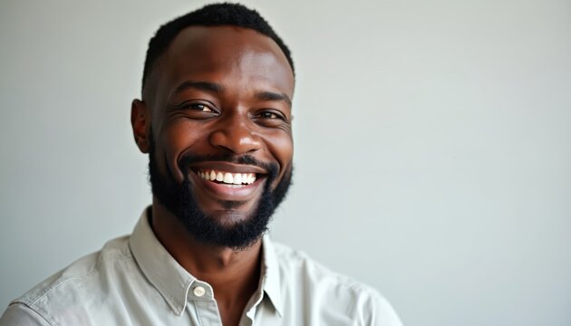 Close up portrait smiling african man, wearing collared shirt. Confident, happy individual with warm expression on plain background. Represents diversity, positive vibes. Black male model looking