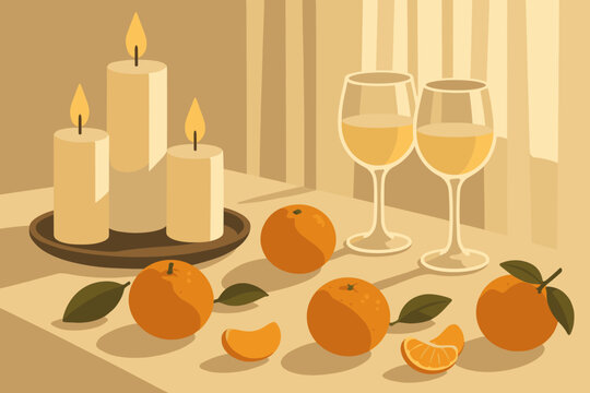 Vector curtains oranges glasses illustration charm sunlight tablecloth new dinner through peaceful