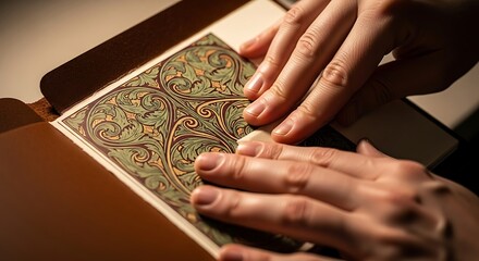 Bookbinder crafting a decorative book cover inside workshop under warm light