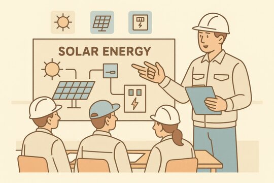 Engaging solar energy training session focusing on renewable power management and sustainability reflecting innovative engineering methods and teamwork effectiveness