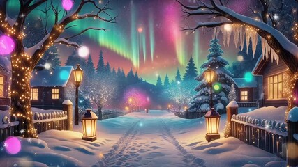 A seamless loop of a magical snowy village with Christmas lights and northern lights. This fantasy winter wonderland is perfect for holiday backgrounds. - Powered by Adobe