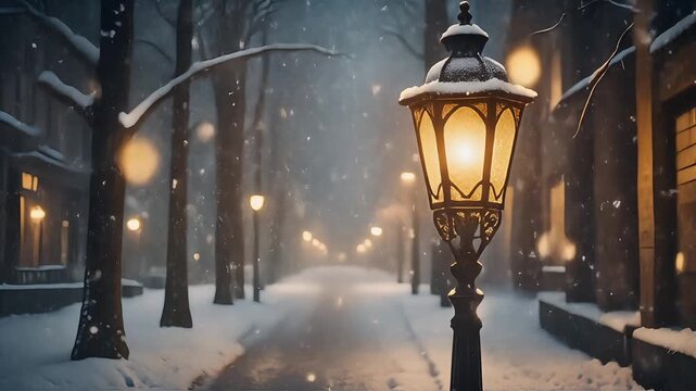 A seamless loop of a vintage street lantern illuminating a snowy path at night. This atmospheric winter scene creates a nostalgic, calm, and peaceful mood.