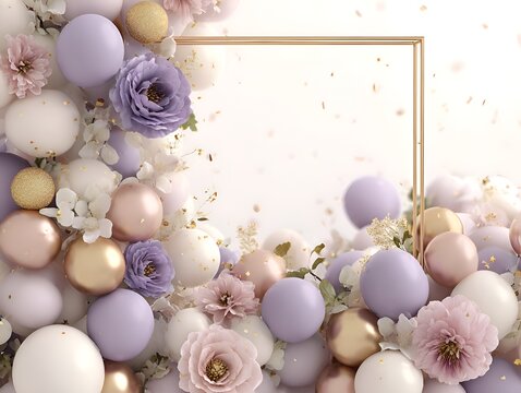 Elegant floral arrangement with pastel colored balloons flowers and a golden frame for invitations greeting cards or celebratory announcements.