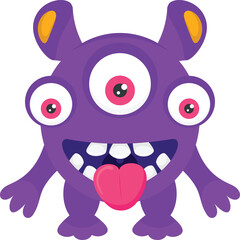 Whimsical Purple Three Eyed Monster Character With Wide Grinning Mouth And Pink Tongue Sticking Out On Transparent Background