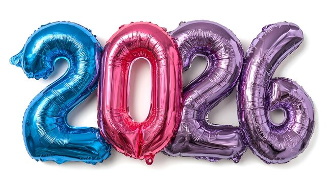 Colorful foil balloons display the numbers 2026 on a white surface, symbolizing the upcoming year and festive future celebrations ahead.