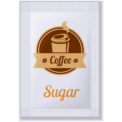 White Coffee Sugar Packet With Brown Emblem Featuring Coffee Cup and Beans Text Saying Coffee and Sugar