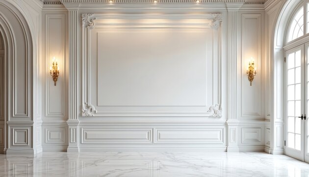 Elegant white interior wall features ornate molding, recessed lights, blank display panel. Gold sconces adorn room, reflecting on marble floors, creating luxurious backdrop for any project or event.