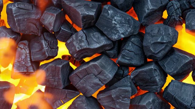 Burning Charcoal: Close-up of burning charcoal, glowing with heat and fire, providing an abstract representation of energy and fuel. 