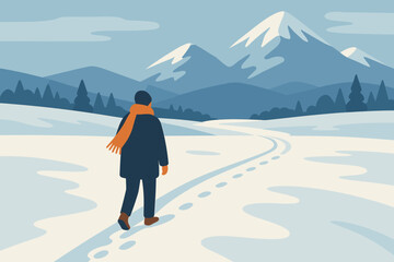 Contrasting distant vector walk reflection quiet landscape winter warm solitary person illustration
