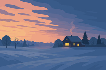 Fototapeta premium Evening arrival illustration haze field winter glow cool rising into sunset vector