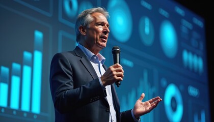 Older man talks into microphone on stage. He gestures with hands near glowing futuristic charts. Business leader explains digital transformation concepts in auditorium setting.