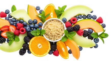 Fresh mixed fruits with granola and mint leaves, isolated on transparent background