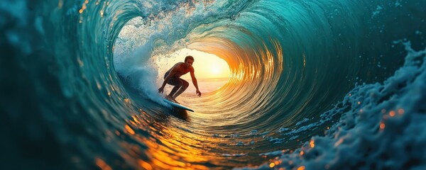 Athlete surfing inside of tube wave. Surfer rides blue ocean wave at sunset. Man on surfboard in barrel. Extreme water sport. Surfing competition training at sea.
