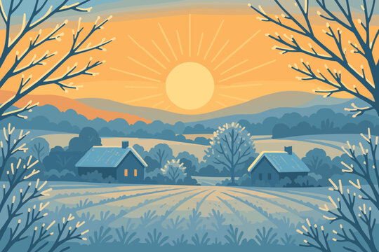 Beginning first new frosty vector branches glistening illuminated illustration open countryside glow