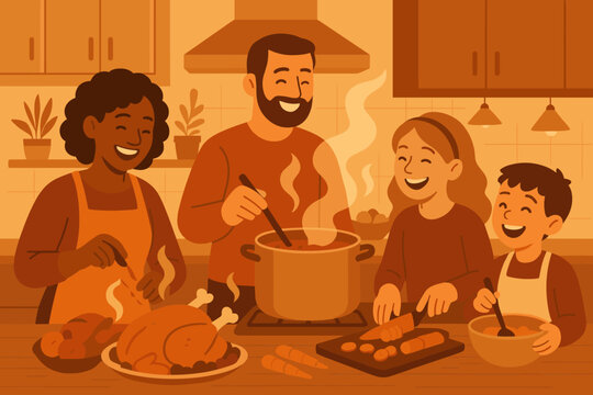 Steam family together cooking dishes love laughter dinner rising showing illustration vector