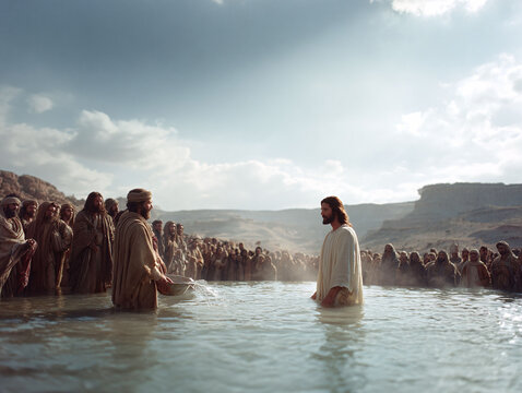 A powerful scene depicting a baptism in a river, bathed in ethereal light. Symbolizes faith, spirituality, cleansing, and renewal. Ideal for religious, historical, or inspirational content.