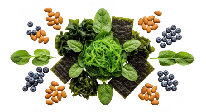 Superfoods seaweed, spinach, blueberries, almonds isolated on transparent background