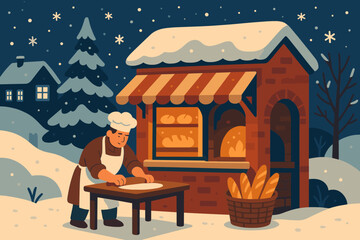 Obraz premium Light wooden vector air warm feeling bakery illustration snowy outside village baker