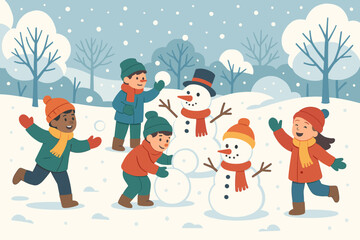 Fototapeta premium Wonderland sparkling scarves playing winter vector hats illustration snowballs joyful colorful snowmen
