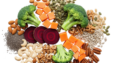 Healthy vegetables, nuts, and seeds assortment isolated on transparent background
