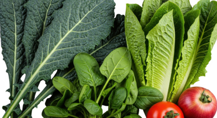 Fresh green leafy vegetables and red fruits isolated on transparent background