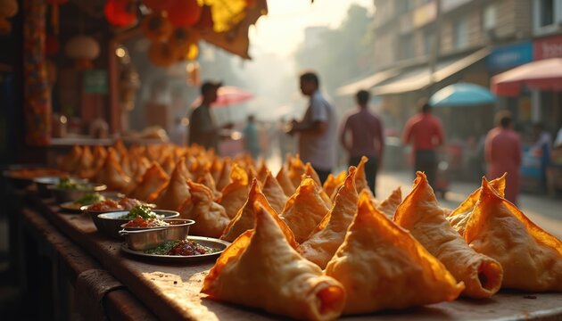 Indian street food stall. Crispy samosas with chutneys displayed in metal bowls. People walk by market stalls. Warm sunlight illuminates a busy outdoor cafe.