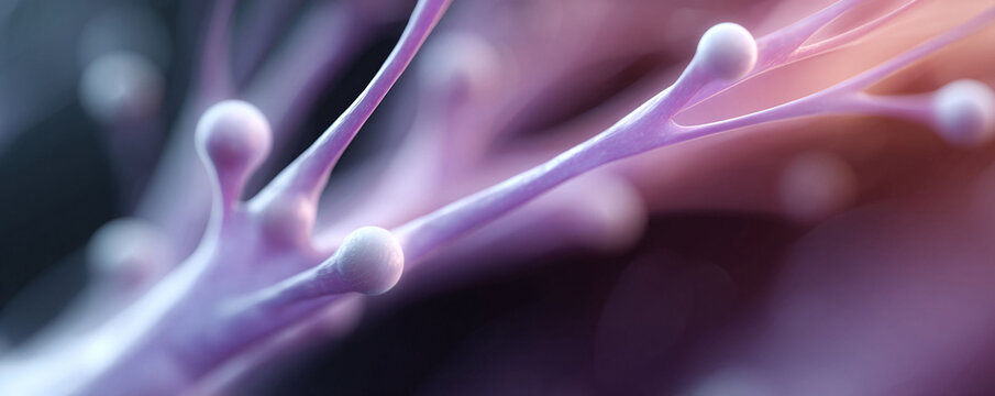 Abstract macro of interconnected, glowing structures. Soft purple tones create a modern, organic feel. Ideal for tech, science, or healthcare designs.